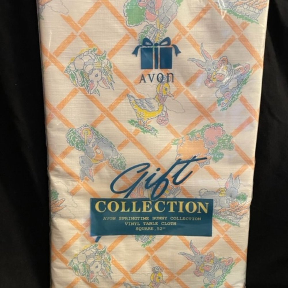 Vintage Avon Springtime Bunny Collection Tablecloth.  52" square,  Vinyl   New